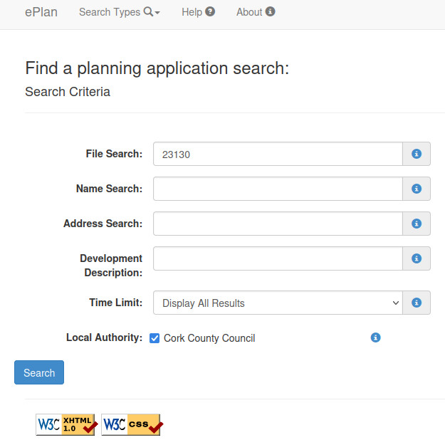 Search the Cork Country planning website for file 23130